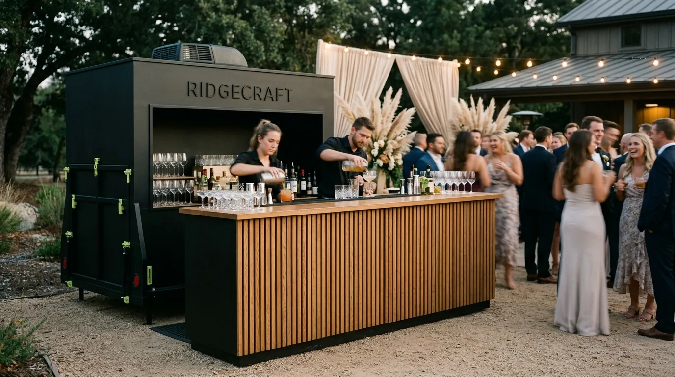 A long RidgeCraft bar and back bar serving guests at an outdoor wedding