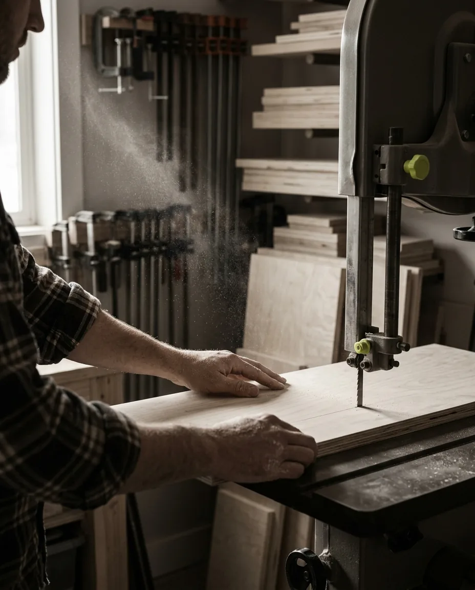 A panel fed through the band saw in the shop