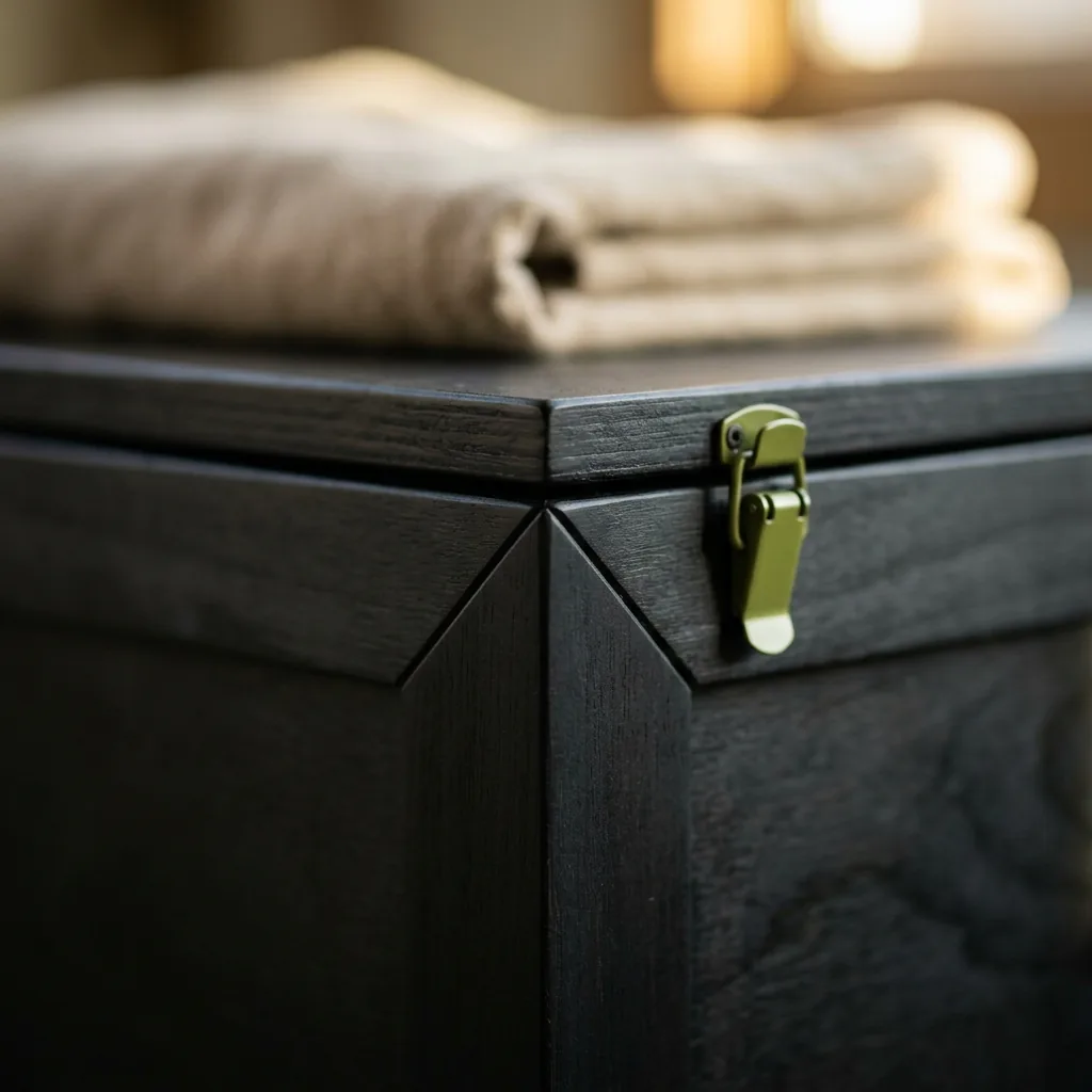 Close view of a black cart corner and its lime green latch