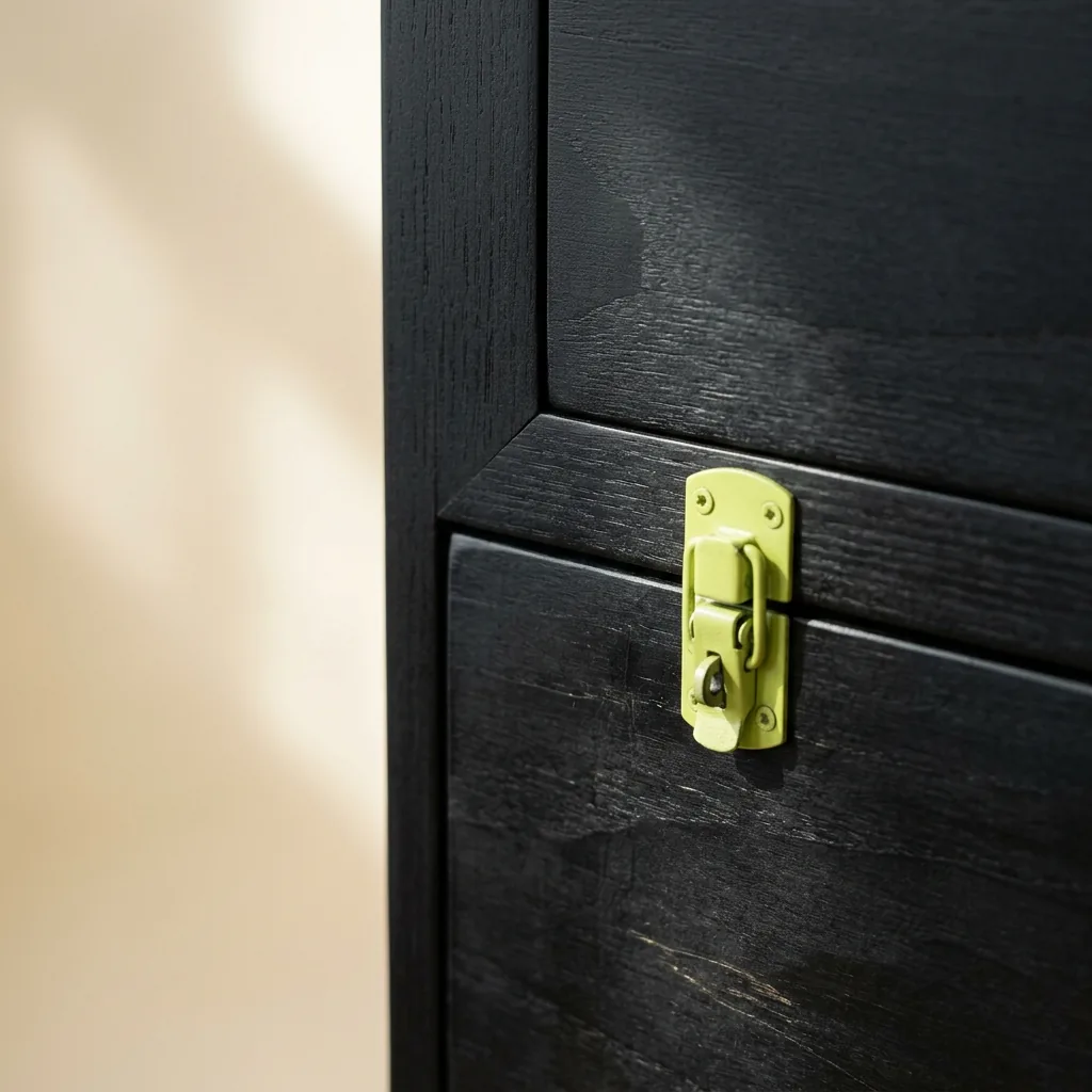 Close view of a black cabinet door and its lime green latch