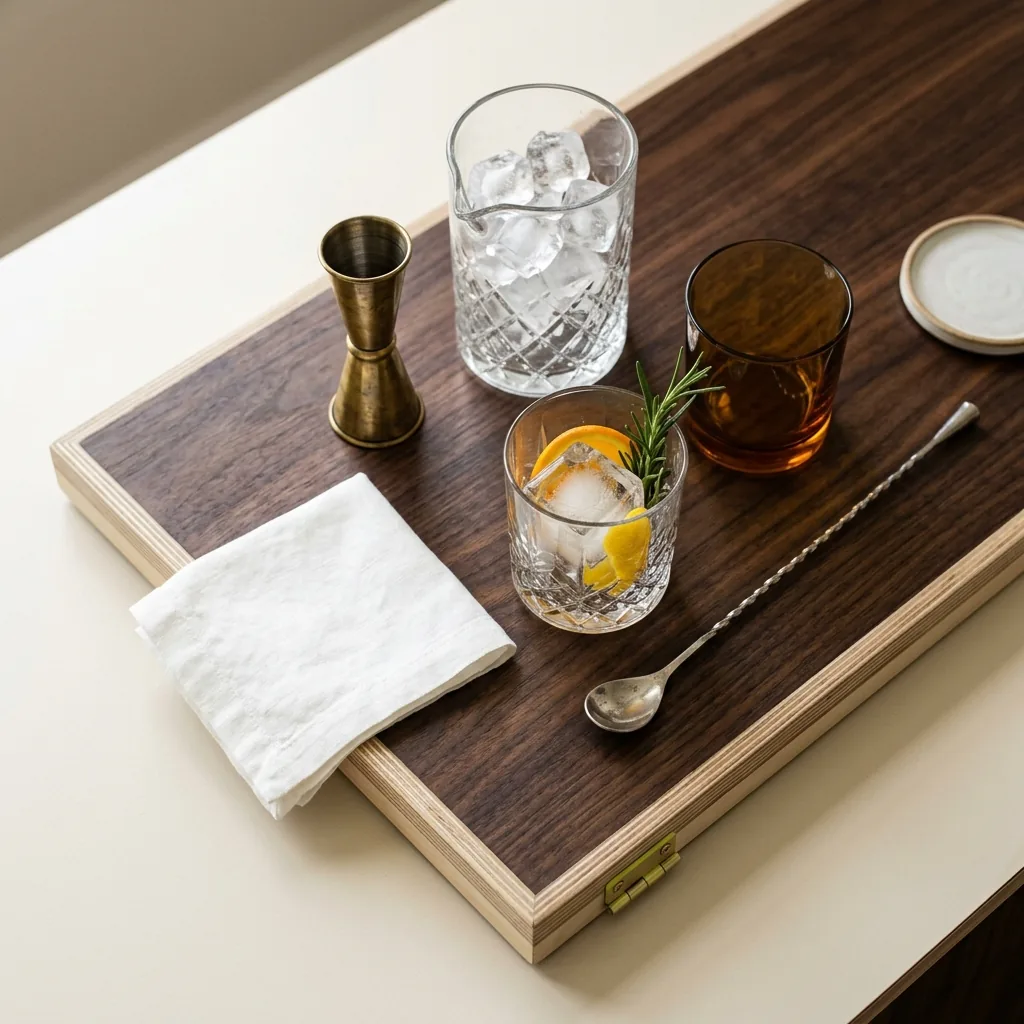 Cocktails, a jigger and a bar spoon on a walnut top, seen from above