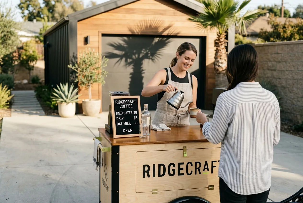 A woman serving coffee from a RidgeCraft cart in front of a garage