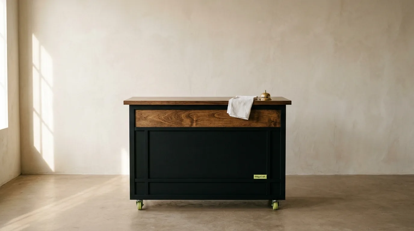 A black RidgeCraft cart with a wood top in an empty, sunlit room