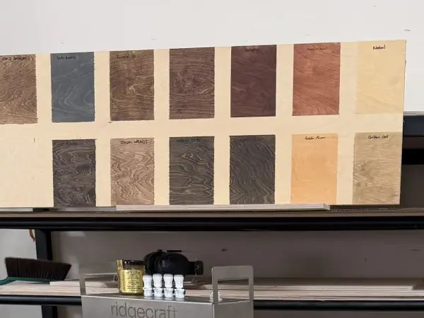 Our stain board: countertop stain samples on birch